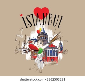 I love Istanbul concept hand-drawn colored vector illustration.