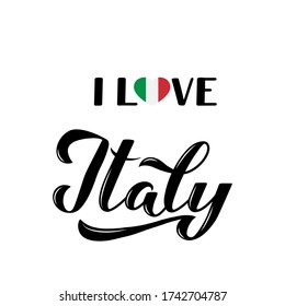 I Love Italy calligraphy hand lettering isolated on white . Vector template for typography poster, banner, flyer, sticker, t-shirt, postcard, logo design, etc.