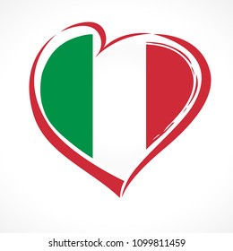 Amo Italia, emblema del corazón, bandera nacional coloreada. Bandera de Italia con forma cardíaca para el Día de la República Italiana aislada en fondo blanco. Ilustración del vector