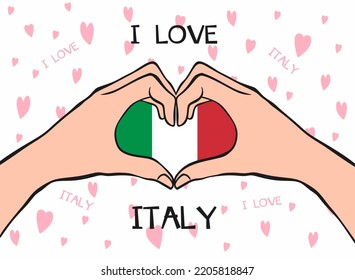 I love Italy. Heart hand gesture with Italy flag. Modern design with text I love Italy in flat style. Beautiful background design with hearts. Vector illustration eps 10