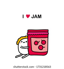I love jam hand drawn vector illustration in cartoon comic style man holding bottle with sweet berries dessert