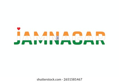 I Love JAMNAGAR, Typographic Design of I Love JAMNAGAR on a white background, Flag Typography of JAMNAGAR with heart, Vector design of I Love JAMNAGAR