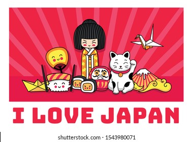 I love Japan banner. Concept for t-shirt, print, poster, postcard, souvenir. Cartoon illustrations. Kokeshi doll, maneki-neko, origami, fuji, sushi, ginkgo leaf.