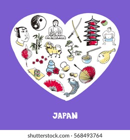 Love Japan. Dotted heart filled with colored doodles associated with japanese nation vector illustrations set. Memories about Asia journey. Sketched culinary, culture, religious icons