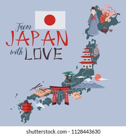 I love Japan poster. Japanese map with colorful symbols of Japan culture vector illustration. Geisha, Fujiyama, Japanese temple etc.