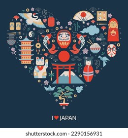 Love Japan travel card with design elements stylized in circle shape. Japanese print with cultural symbols such as daruma dolls, origami, sakura and tea ceremony icons in vintage style.