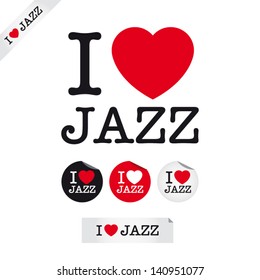 i love jazz, font type with signs, stickers and tags. Ideal for print poster, card, shirt, mug.