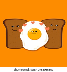 Love jealousy fried egg rye bread slices on yellow isolated background. Vector illustration in a flat style, cartoon.