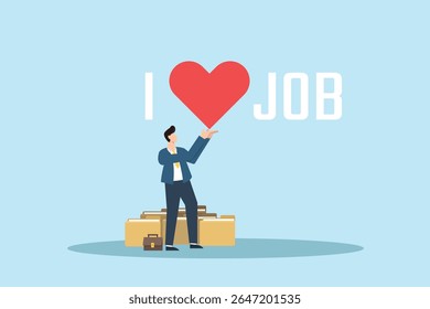 I love job concept. Businessman Holding a Heart Symbol Expressing Passion for Job with Briefcase and Luggage in Background.
