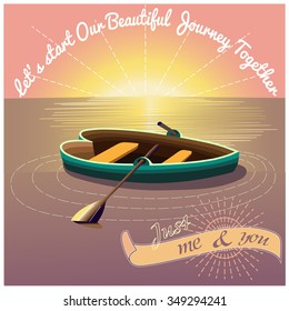 Love Journey morning presentation card with sun and heart boat on the lake, quote Vector illustration