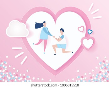 love joyful couple on white heart design for Valentine's day festival with pink heart on abstract love background. Vector illustration.