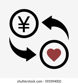 Love to JPY. Currency convert icon. Isolated on white background. Flat vector illustration