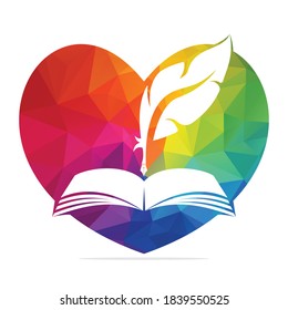 Love Judicial Quill Writing On Open Book. Judgment Certificate Or Police Document Vector. Education Book Quill Heart Vector Template Design.