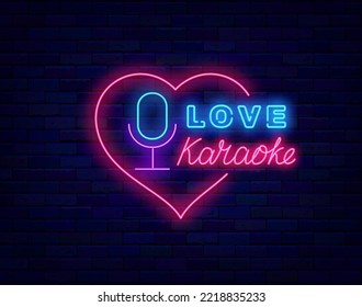 Love Karaoke neon label. Heart frame with microphone icon. Talent show. Light sign. Night club logotype. Dance event. Glowing signboard on brick wall. Vector stock illustration