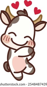 In Love kawaii style cow with rosy cheeks and hearts floating above its head