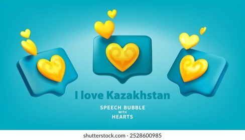 I love Kazakhstan. Set of 3D vector illustration of hearts in speech bubble icon. Blue text box with yellow hearts, decorated traditional kazakh ornament. Love social media notification