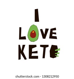 I love Keto diet drawn black vector lettering with avocado. Banner sketch stylized typography. T-shirt, poster, banner design. LCHF diet.