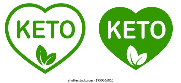 Love keto. Ketogenic diet. Plant based vegan food product label. Green heart-shaped stamp. Logo or icon. Sticker. Vegeterian.Keto approved friendly. 2 small leaves