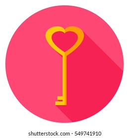 Love Key Circle Icon. Flat Design Vector Illustration with Long Shadow. Happy Valentine Day Symbol.