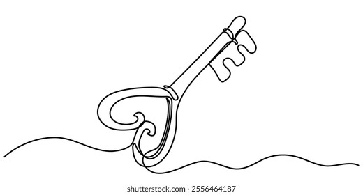 Love key. Continuous line drawing, heart symbol one hand drawn sketch vector illustration. Good for valentine's day greeting banner, poster, and background, Love Keys Black Stroke Linear Icon.