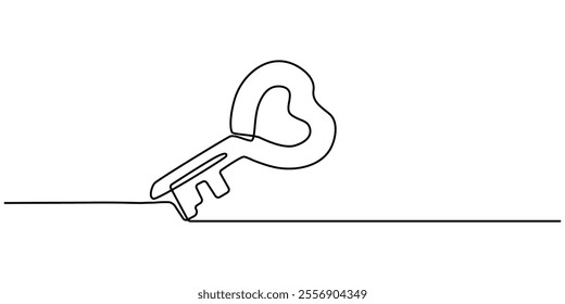 Love key. Continuous line drawing, heart symbol one hand drawn sketch vector illustration. Good for valentine's day greeting banner, poster, and background, Love Keys Black Stroke Linear Icon.