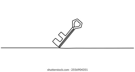 Love key. Continuous line drawing, heart symbol one hand drawn sketch vector illustration. Good for valentine's day greeting banner, poster, and background, Love Keys Black Stroke Linear Icon.