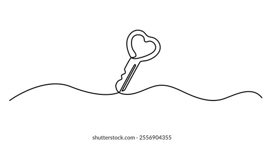 Love key. Continuous line drawing, heart symbol one hand drawn sketch vector illustration. Good for valentine's day greeting banner, poster, and background, Love Keys Black Stroke Linear Icon.