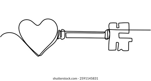 Love key. Continuous line drawing, heart symbol one hand drawn sketch vector illustration. Good for valentine's day greeting banner, poster, and background, Love Keys Black Stroke Linear Icon. 