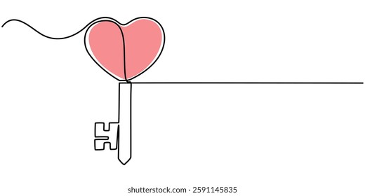 Love key. Continuous line drawing, heart symbol one hand drawn sketch vector illustration. Good for valentine's day greeting banner, poster, and background, Love Keys Black Stroke Linear Icon. 