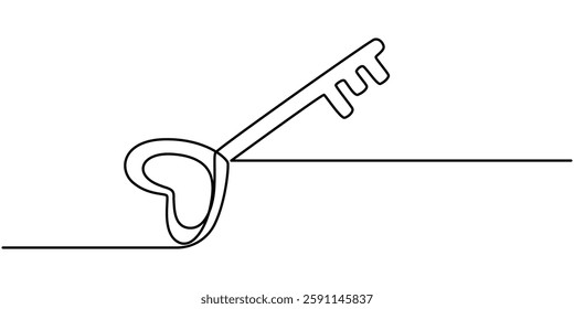 Love key. Continuous line drawing, heart symbol one hand drawn sketch vector illustration. Good for valentine's day greeting banner, poster, and background, Love Keys Black Stroke Linear Icon. 