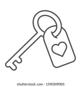 Love key thin line icon, valentine and holiday, heart key sign, vector graphics, a linear pattern on a white background, eps 10
