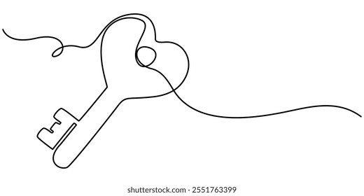  Love Keys Black Stroke Linear Icon, Continuous one line drawing of a heart shaped lock and key. Vector illustration, Key with heart in single continuous line. One line drawing. Line icon. Old key.