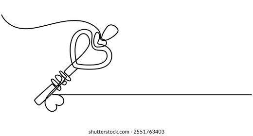  Love Keys Black Stroke Linear Icon, Continuous one line drawing of a heart shaped lock and key. Vector illustration, Key with heart in single continuous line. One line drawing. Line icon. Old key.