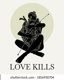 Love kills. Vector hand drawn illustration of girl hugging human heart with arrows. Creative tattoo artwork. Templaet for card, poster, banner, , print for t-shirt, pin, badge, label, patch.