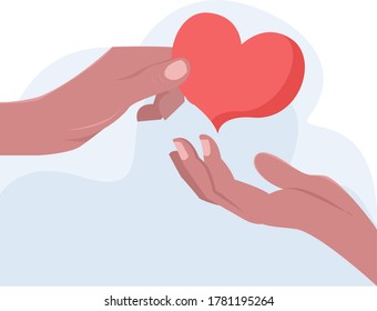 Love or Kindness vector concept: unidentified hand giving a heart shaped ornament to the other hand