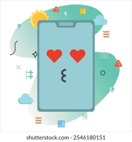 Love and Kiss Emoji Expression on Smartphone Screen - Cheerful Digital Illustration with White Background and Abstract Shapes | Love and Kiss emoji icon design on smartphone screen