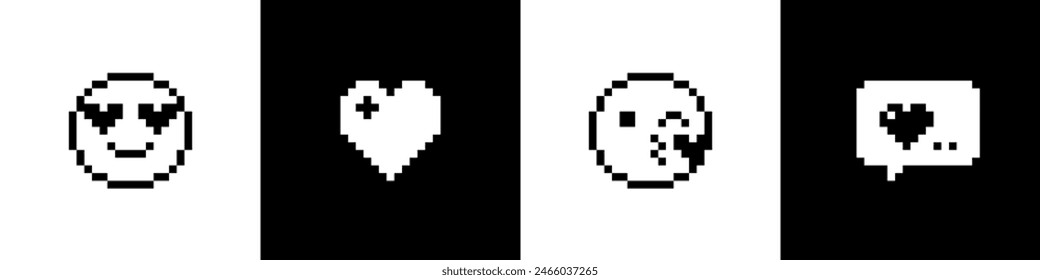 Love, kiss, heart, wow, i love u icons set. Pixel art romantic emoji pack. Pixels Y2k trendy playful stickers. 8bit retro elements in the mood of 90's aesthetics. Black and white. Vector illustration