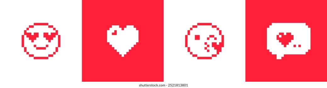 Love, kiss, heart, wow. I love you icons set. Pixel art romantic emoji. Pixels Y2k trendy playful stickers. 8bit retro elements. 90's aesthetics. Vector illustration. Valentine day square cards