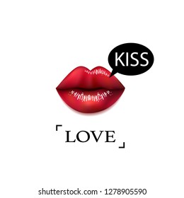 Love kiss slogan print with realistic 3D lips. vector illustration