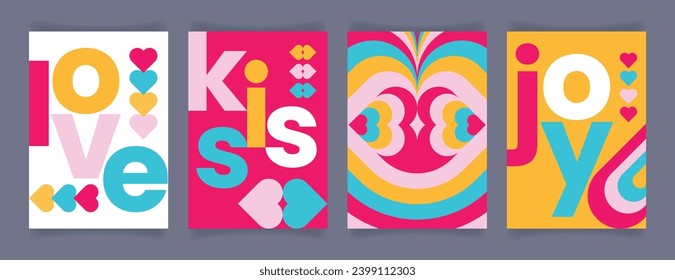 Love kiss Valentine's day background. Set of creative modern abstract geometric posters with hearts, lips. Romantic bright positive valentine card.