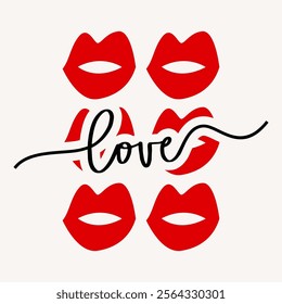 The "Love and Kiss" vector design showcases a vibrant, romantic scene centered around a stylized kiss and the theme of love