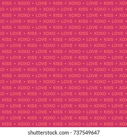 Love and kiss vector flat pattern on pink background. Valentines day card