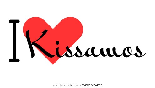 I love Kissamos, city of Greece. Hand drawn letters with red heart. Vector illustration lettering, modern design for print t shirt, banner, poster, sticker or label.