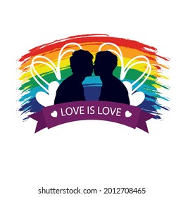 Love is love. Kisses couple of two men with rainbow flag and hearts. LGBT illustration
