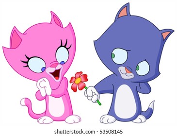 In love kitten giving his girlfriend a flower