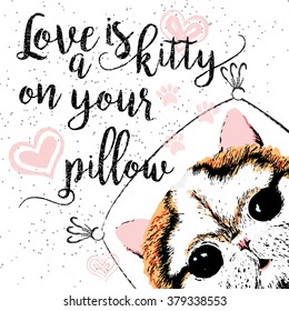 Love is a kitty on your pillow, love quote about pets. Vector outstanding lettering, calligraphy, motivational typography post card. Cute, friendly, smiling, inspirational cat with hearts and sparkle.