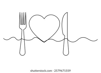 Love knife and fork continuous one line art drawing of heart hand drawn vector illustration
