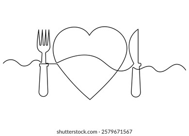 Love knife and fork continuous one line art drawing of heart hand drawn vector illustration
