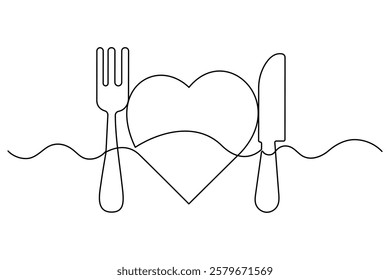 Love knife and fork continuous one line art drawing of heart hand drawn vector illustration

