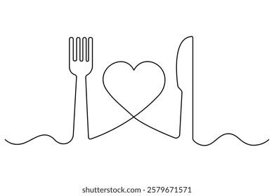 Love knife and fork continuous one line art drawing of heart hand drawn vector illustration
